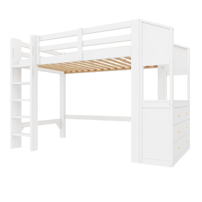 Letto a soppalco 90x200 con 6 cassetti; scaffali e luci LED; bianco