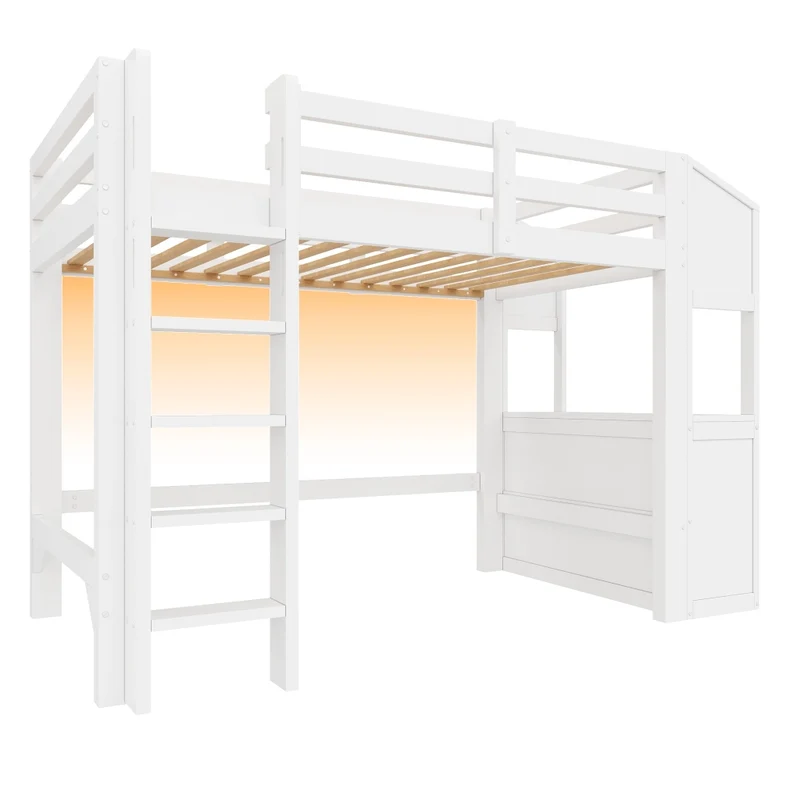 Letto a soppalco 90x200 con 6 cassetti; scaffali e luci LED; bianco