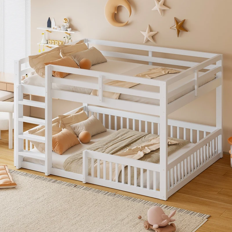 Letto a castello 160x200 cm basso alto 135 cm; in pino e MDF con sponde e scaletta; bianco; per cameretta