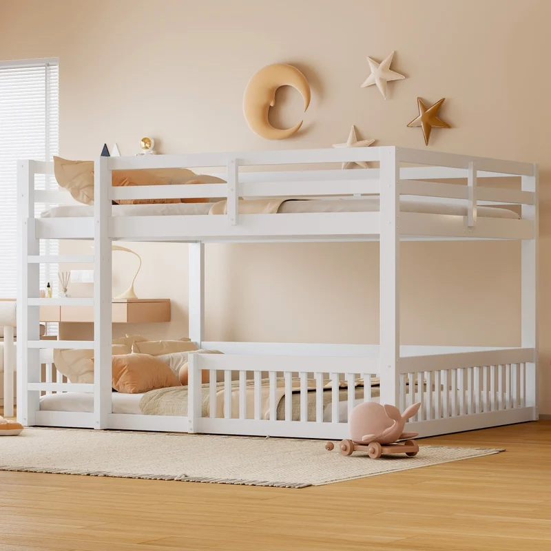 Letto a castello 160x200 cm basso alto 135 cm; in pino e MDF con sponde e scaletta; bianco; per cameretta