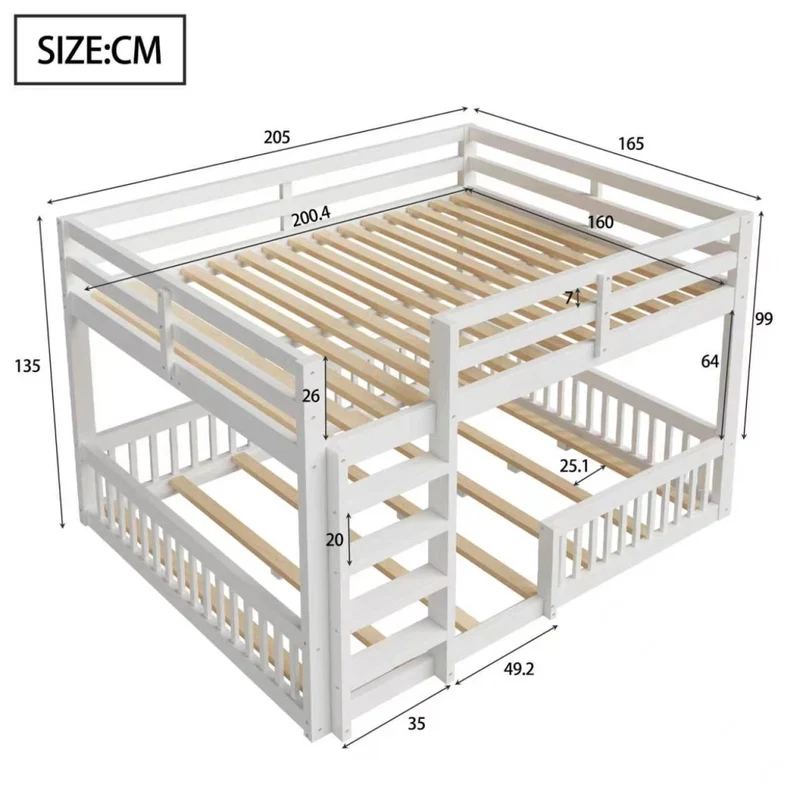 Letto a castello 160x200 cm basso alto 135 cm; in pino e MDF con sponde e scaletta; bianco; per cameretta
