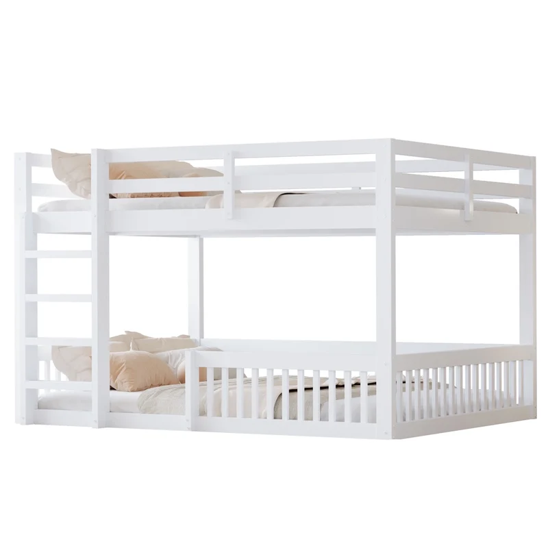 Letto a castello 160x200 cm basso alto 135 cm; in pino e MDF con sponde e scaletta; bianco; per cameretta