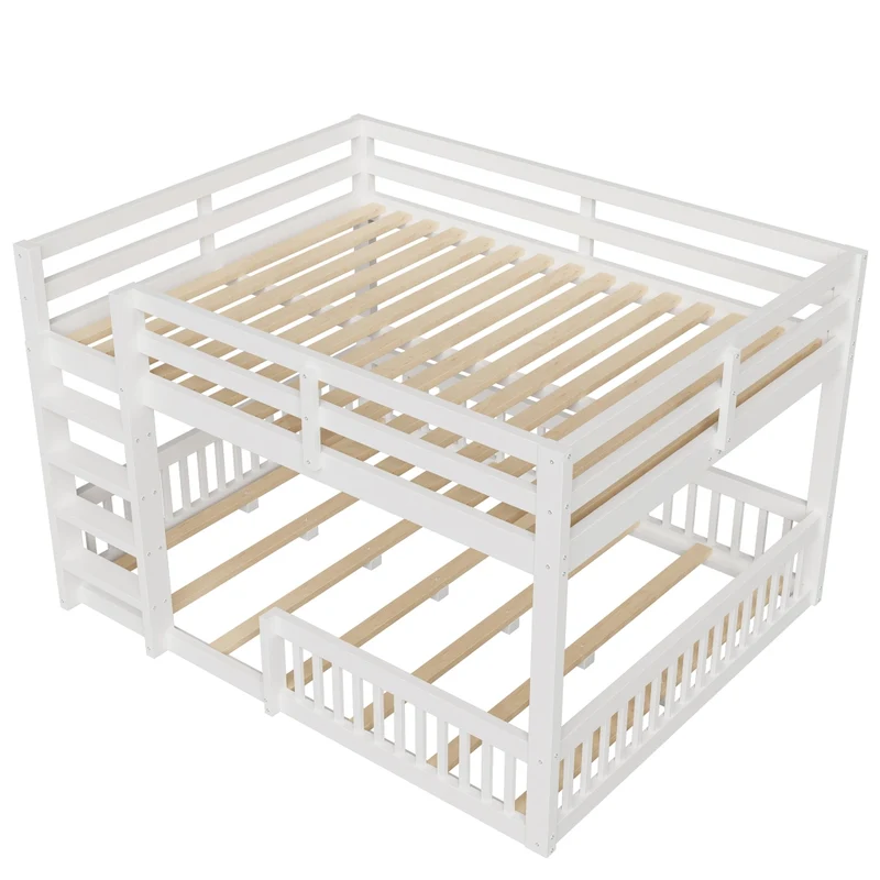Letto a castello 160x200 cm basso alto 135 cm; in pino e MDF con sponde e scaletta; bianco; per cameretta