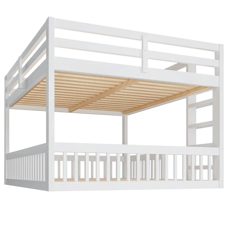 Letto a castello 160x200 cm basso alto 135 cm; in pino e MDF con sponde e scaletta; bianco; per cameretta