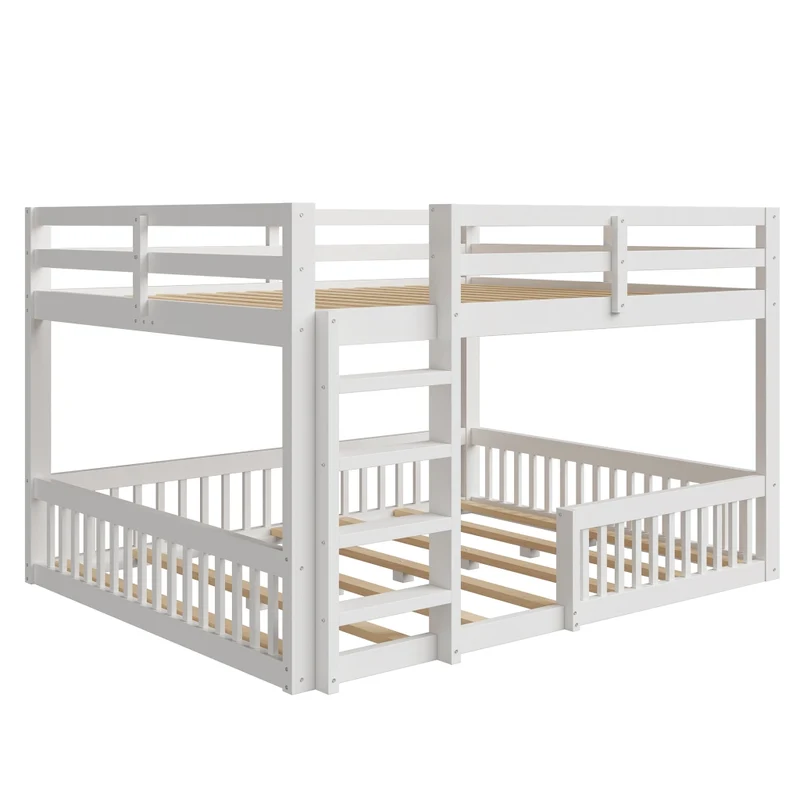 Letto a castello 160x200 cm basso alto 135 cm; in pino e MDF con sponde e scaletta; bianco; per cameretta