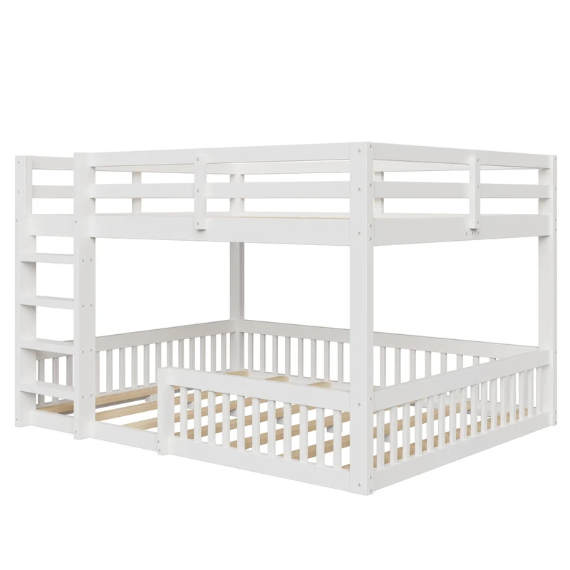 Letto a castello 160x200 cm basso alto 135 cm; in pino e MDF con sponde e scaletta; bianco; per cameretta