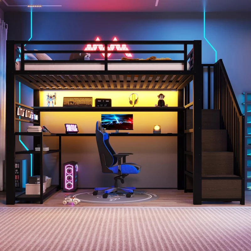 Letto a soppalco 90x200 in metallo nero con scrivania integrata; armadio; LED RGB e contenitori