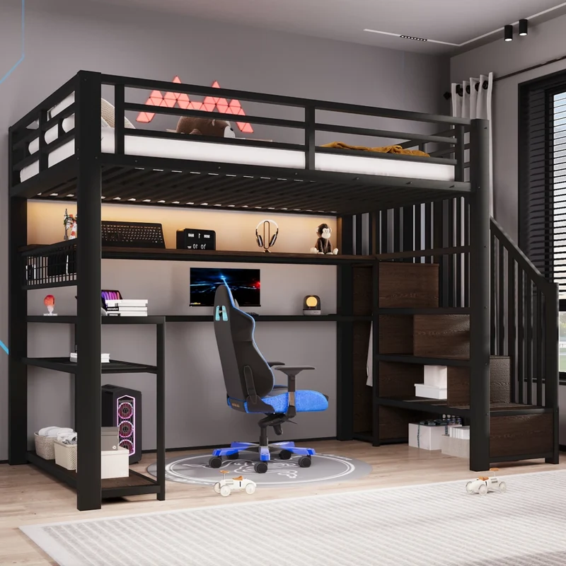 Letto a soppalco 90x200 in metallo nero con scrivania integrata; armadio; LED RGB e contenitori