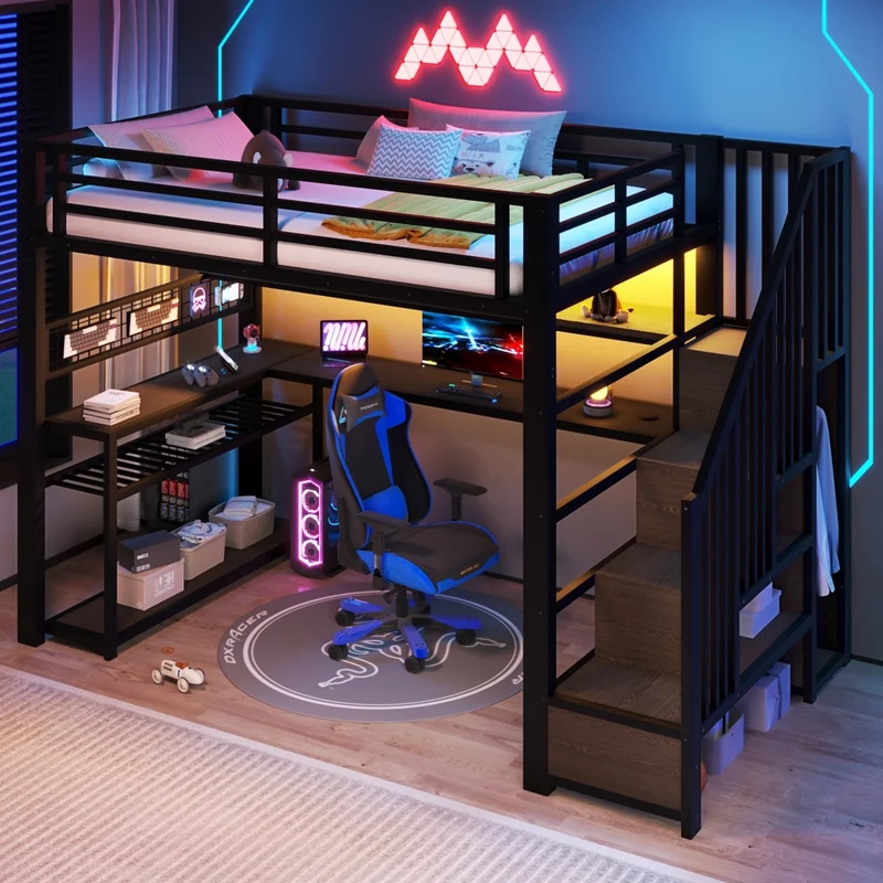 Letto a soppalco 90x200 in metallo nero con scrivania integrata; armadio; LED RGB e contenitori