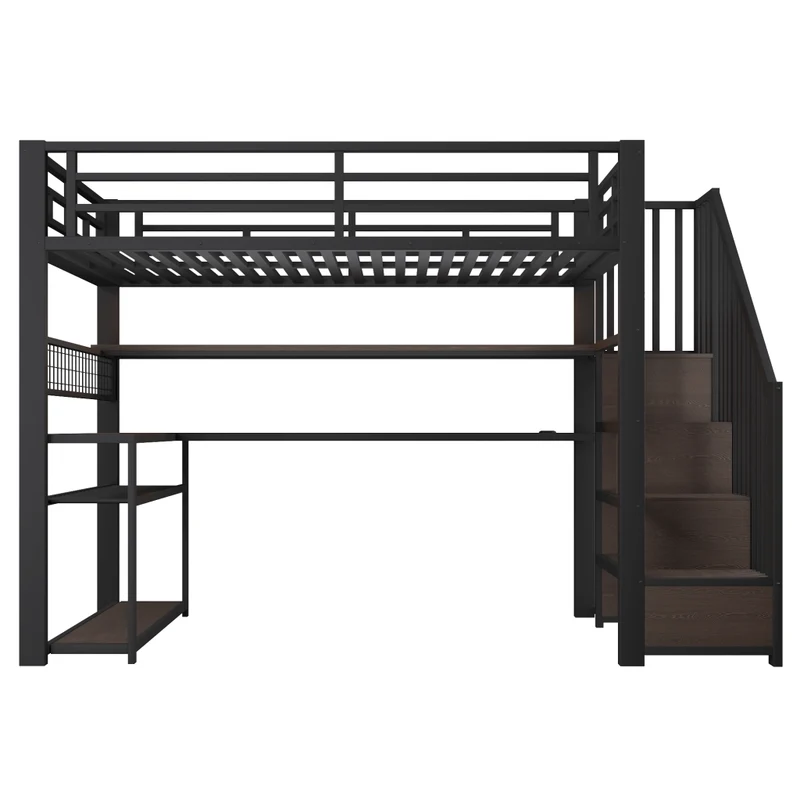 Letto a soppalco 90x200 in metallo nero con scrivania integrata; armadio; LED RGB e contenitori