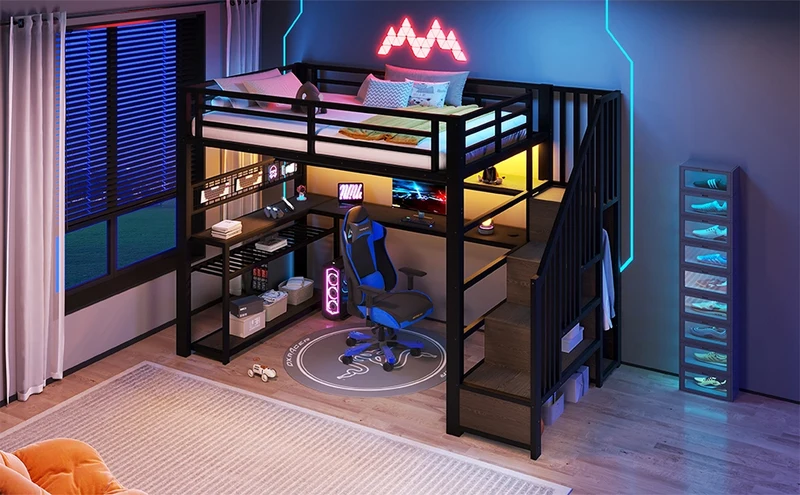 Letto a soppalco 90x200 in metallo nero con scrivania integrata; armadio; LED RGB e contenitori