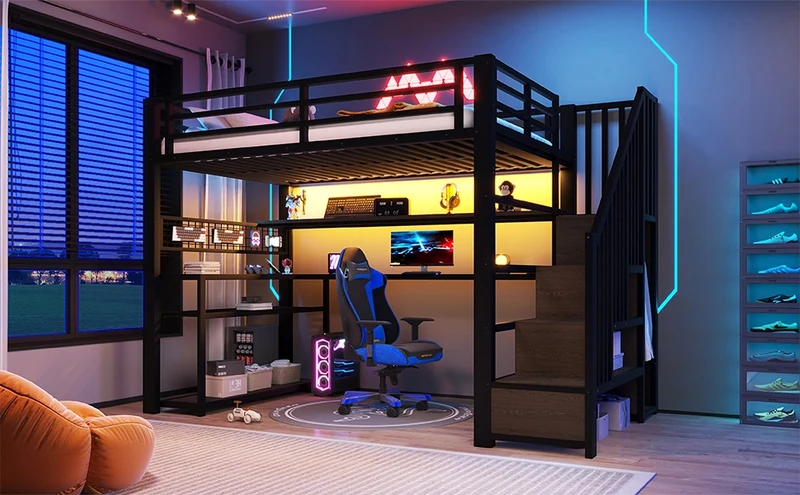 Letto a soppalco 90x200 in metallo nero con scrivania integrata; armadio; LED RGB e contenitori