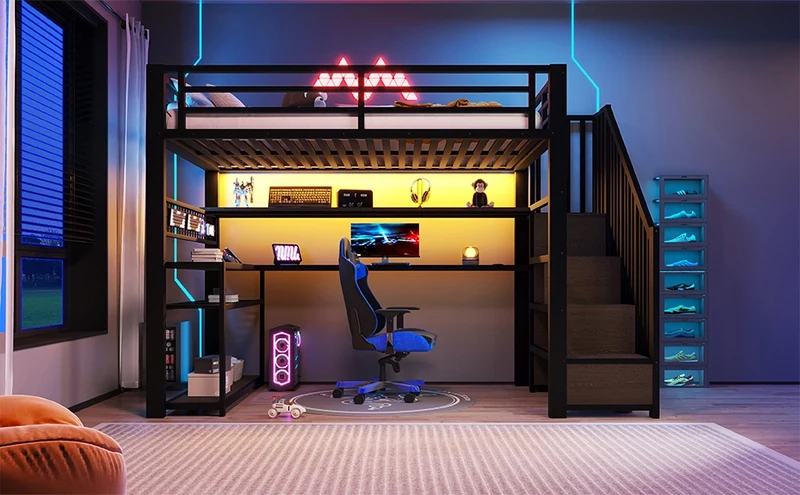 Letto a soppalco 90x200 in metallo nero con scrivania integrata; armadio; LED RGB e contenitori
