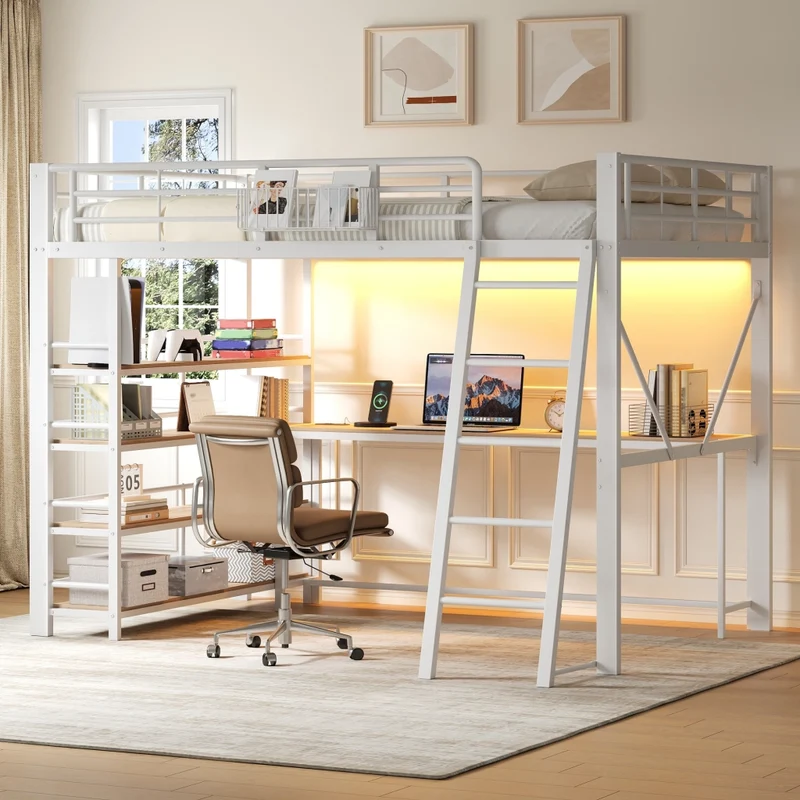 Letto a soppalco in metallo 140x200 cm bianco con scrivania; LED e vani contenitori
