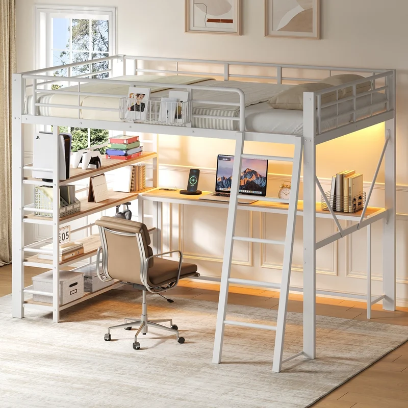 Letto a soppalco in metallo 140x200 cm bianco con scrivania; LED e vani contenitori