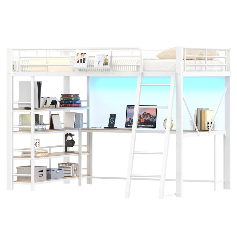 Letto a soppalco in metallo 140x200 cm bianco con scrivania; LED e vani contenitori