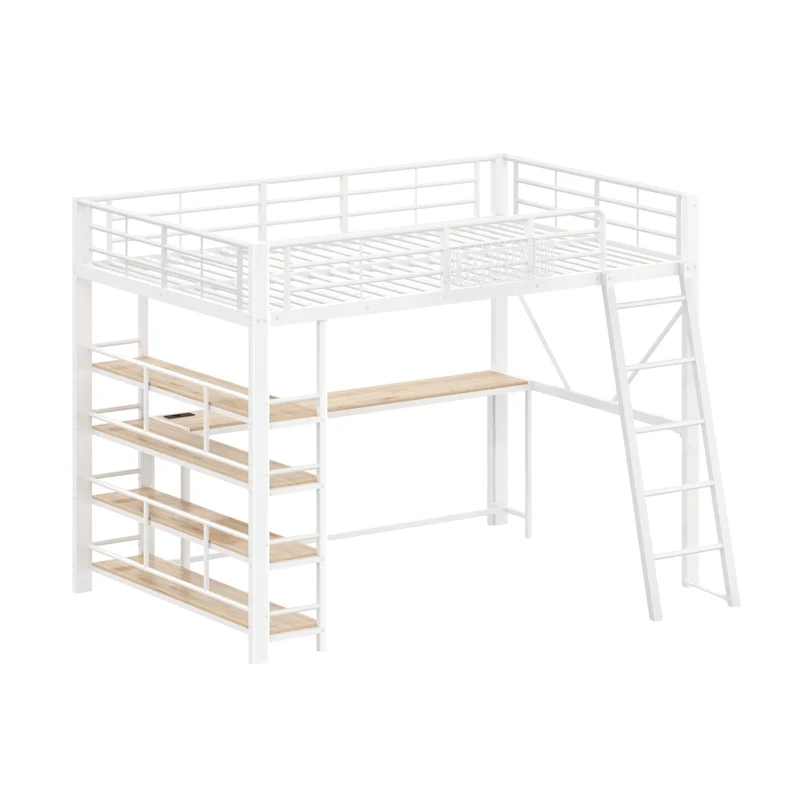 Letto a soppalco in metallo 140x200 cm bianco con scrivania; LED e vani contenitori