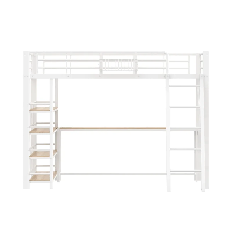 Letto a soppalco in metallo 140x200 cm bianco con scrivania; LED e vani contenitori