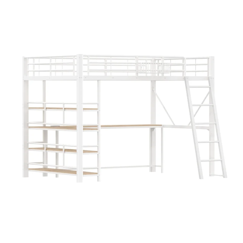 Letto a soppalco in metallo 140x200 cm bianco con scrivania; LED e vani contenitori