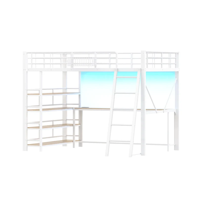 Letto a soppalco in metallo 140x200 cm bianco con scrivania; LED e vani contenitori