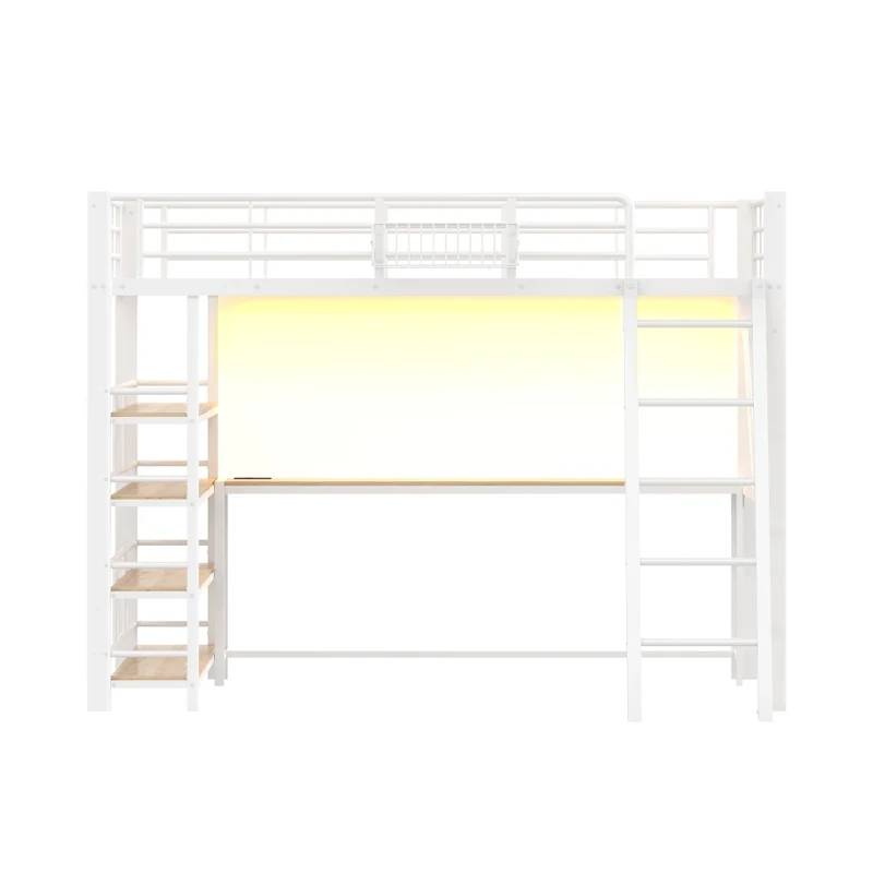 Letto a soppalco in metallo 140x200 cm bianco con scrivania; LED e vani contenitori