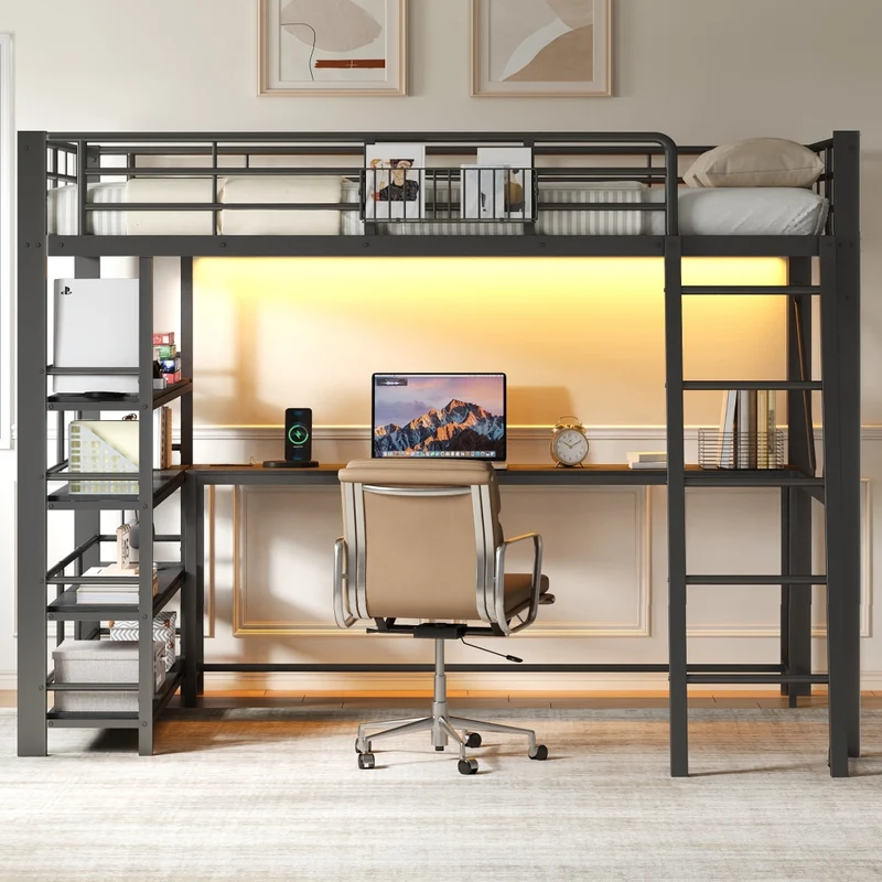 Letto rialzato matrimoniale 140x200 cm con scrivania integrata; struttura in metallo e MDF; LED e USB; nero