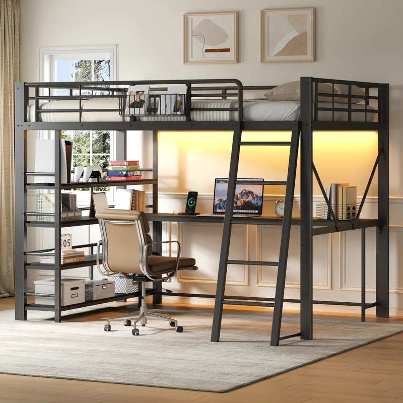 Letto rialzato matrimoniale 140x200 cm con scrivania integrata; struttura in metallo e MDF; LED e USB; nero