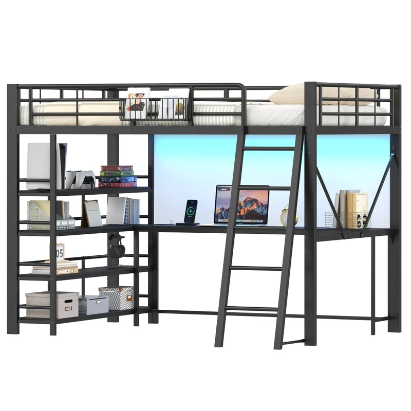 Letto rialzato matrimoniale 140x200 cm con scrivania integrata; struttura in metallo e MDF; LED e USB; nero