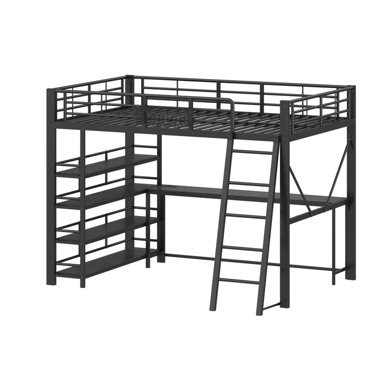 Letto rialzato matrimoniale 140x200 cm con scrivania integrata; struttura in metallo e MDF; LED e USB; nero