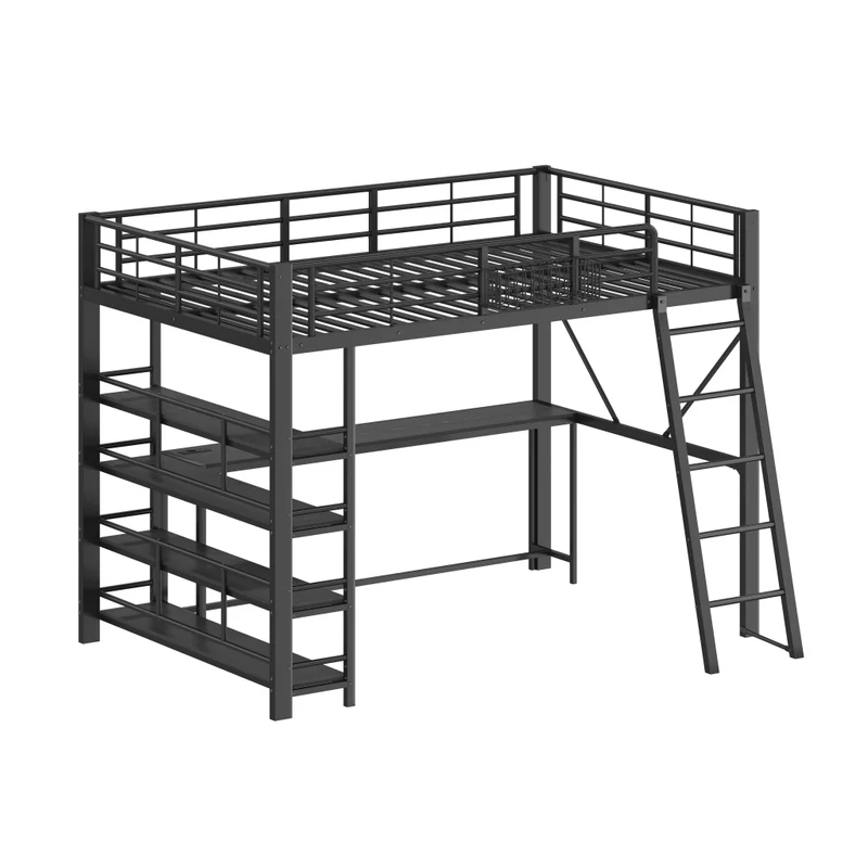 Letto rialzato matrimoniale 140x200 cm con scrivania integrata; struttura in metallo e MDF; LED e USB; nero