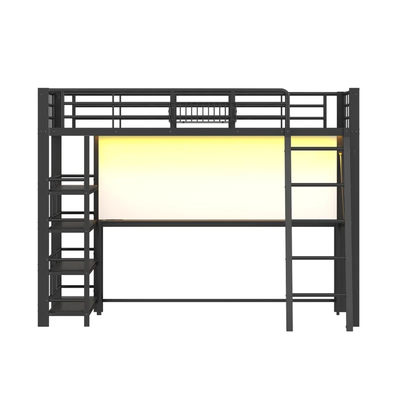 Letto rialzato matrimoniale 140x200 cm con scrivania integrata; struttura in metallo e MDF; LED e USB; nero