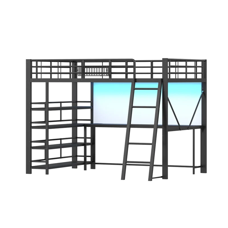 Letto rialzato matrimoniale 140x200 cm con scrivania integrata; struttura in metallo e MDF; LED e USB; nero