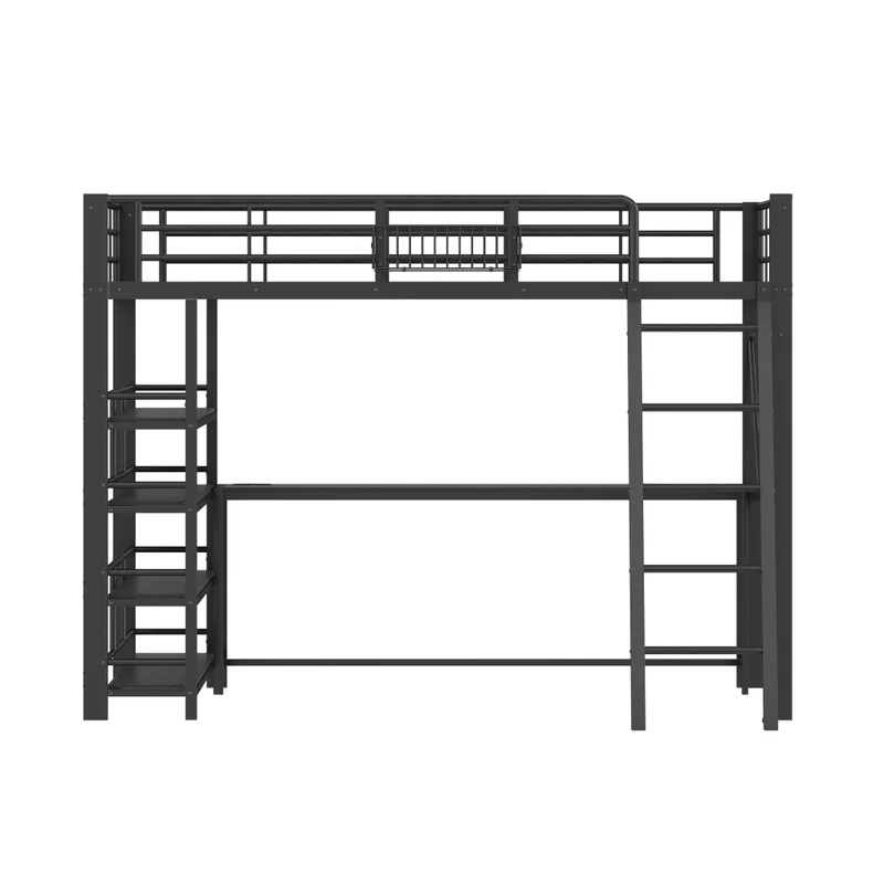 Letto rialzato matrimoniale 140x200 cm con scrivania integrata; struttura in metallo e MDF; LED e USB; nero