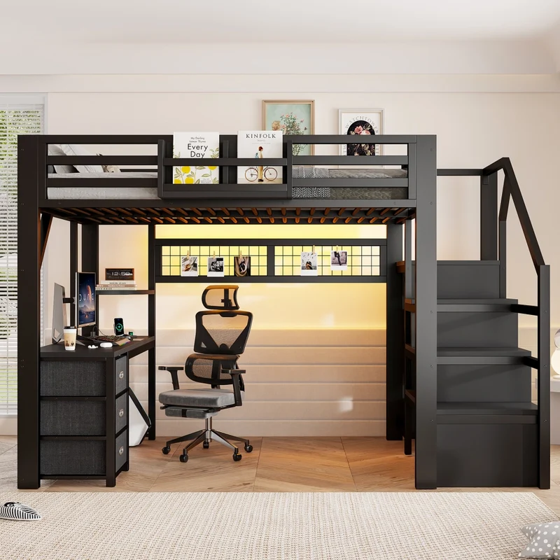 Letto a soppalco matrimoniale 140x200 con scrivania; scala e contenitori in metallo nero