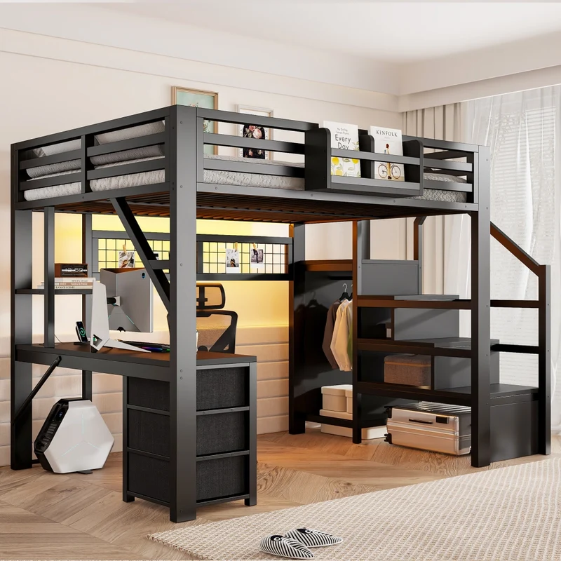 Letto a soppalco matrimoniale 140x200 con scrivania; scala e contenitori in metallo nero