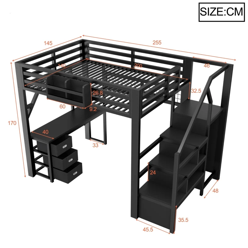 Letto a soppalco matrimoniale 140x200 con scrivania; scala e contenitori in metallo nero