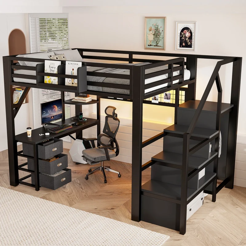 Letto a soppalco matrimoniale 140x200 con scrivania; scala e contenitori in metallo nero