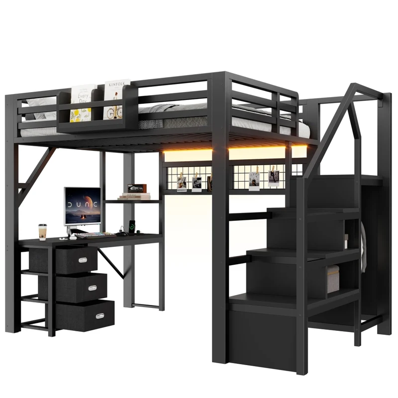 Letto a soppalco matrimoniale 140x200 con scrivania; scala e contenitori in metallo nero