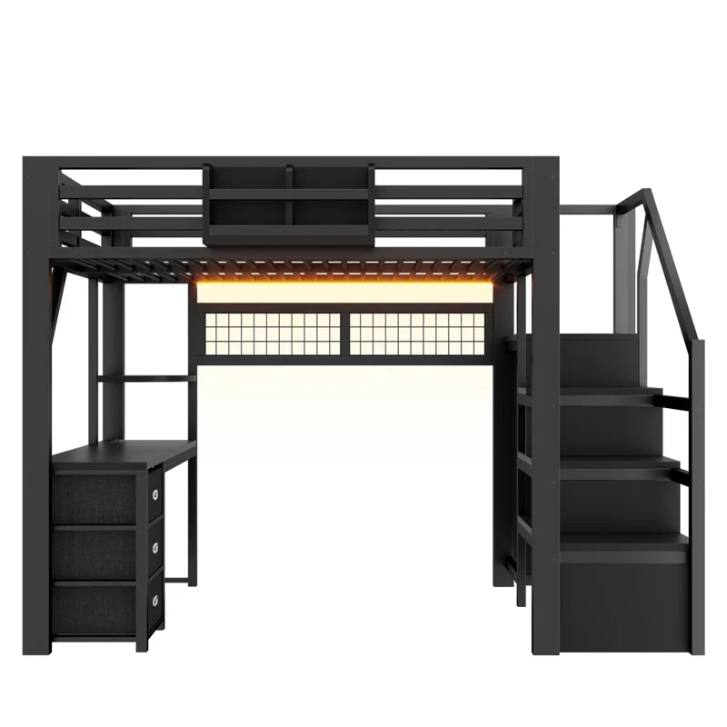Letto a soppalco matrimoniale 140x200 con scrivania; scala e contenitori in metallo nero
