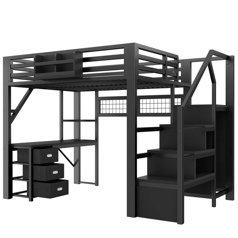 Letto a soppalco matrimoniale 140x200 con scrivania; scala e contenitori in metallo nero