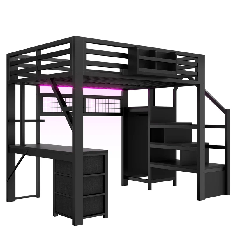 Letto a soppalco matrimoniale 140x200 con scrivania; scala e contenitori in metallo nero