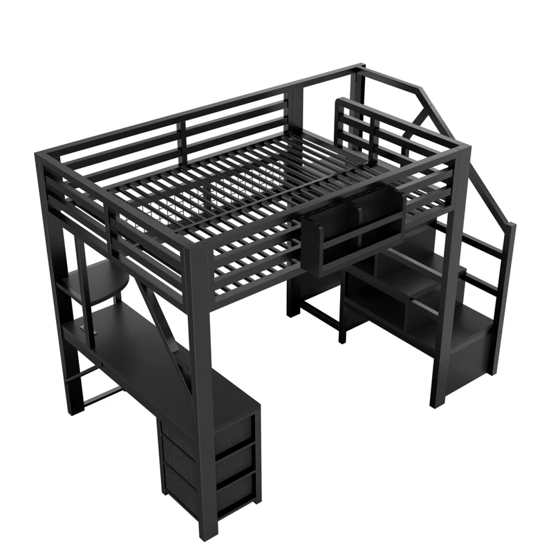 Letto a soppalco matrimoniale 140x200 con scrivania; scala e contenitori in metallo nero