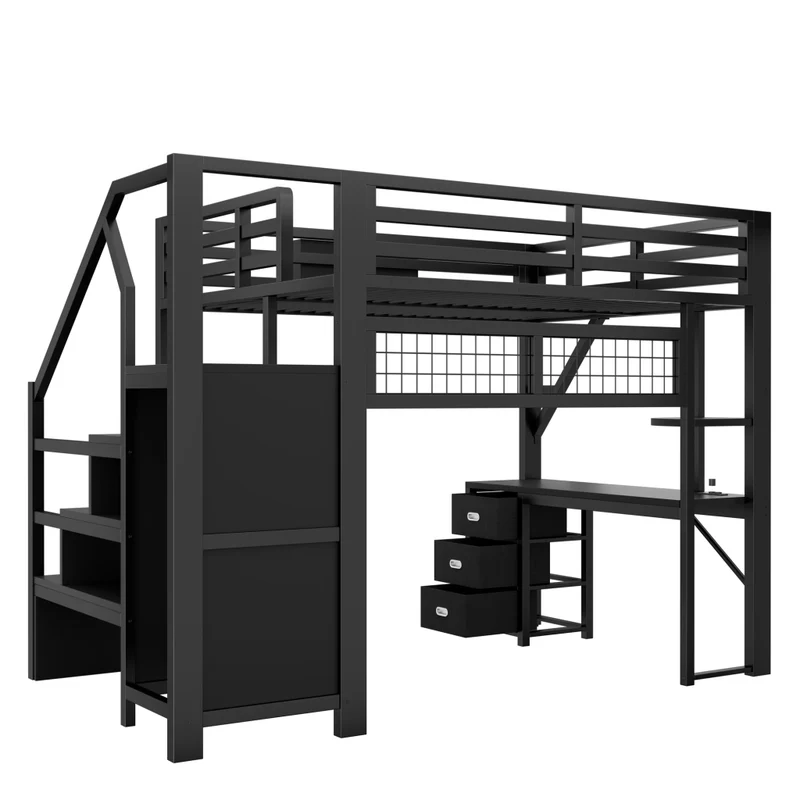 Letto a soppalco matrimoniale 140x200 con scrivania; scala e contenitori in metallo nero
