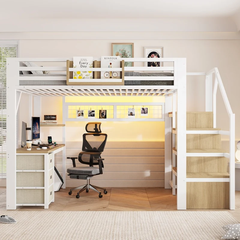 Letto a soppalco 140x200 cm in metallo bianco con scrivania; contenitori; armadio e luci LED
