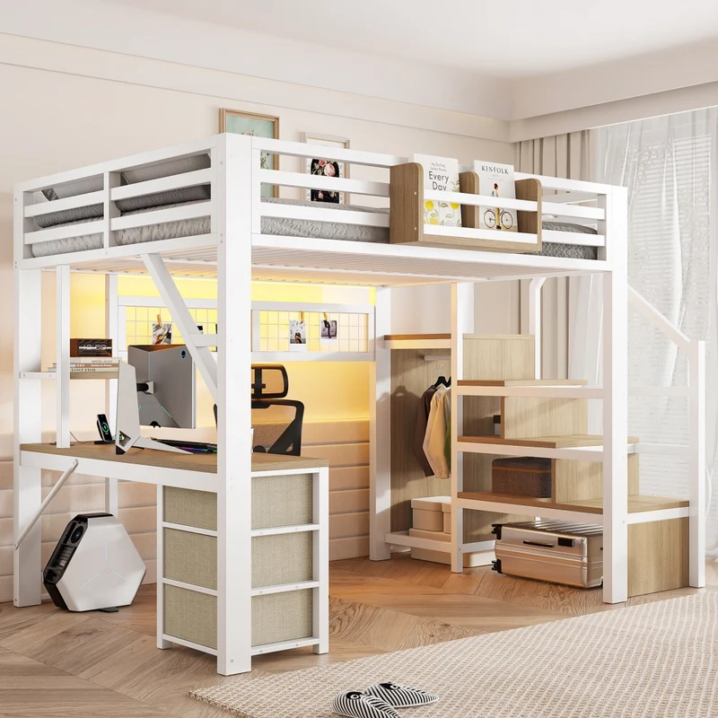 Letto a soppalco 140x200 cm in metallo bianco con scrivania; contenitori; armadio e luci LED
