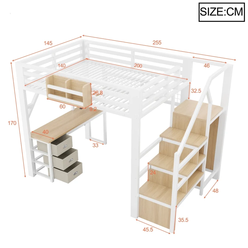 Letto a soppalco 140x200 cm in metallo bianco con scrivania; contenitori; armadio e luci LED