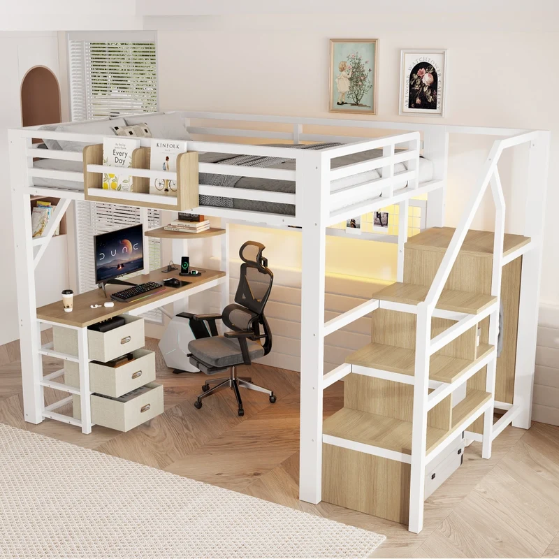 Letto a soppalco 140x200 cm in metallo bianco con scrivania; contenitori; armadio e luci LED