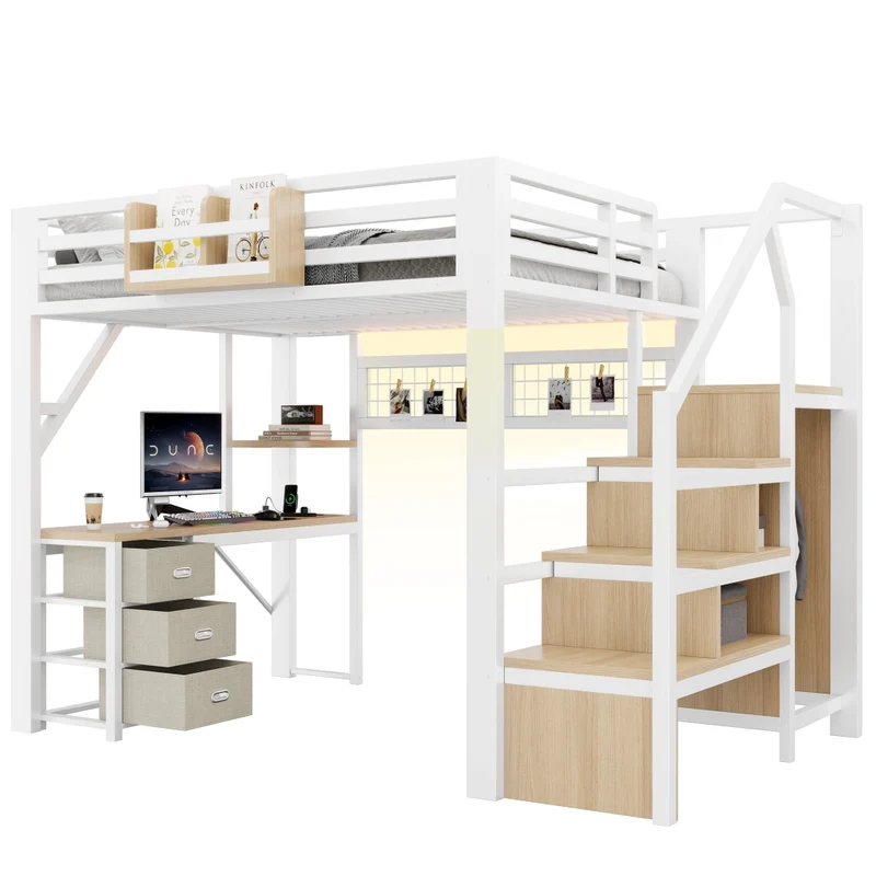 Letto a soppalco 140x200 cm in metallo bianco con scrivania; contenitori; armadio e luci LED
