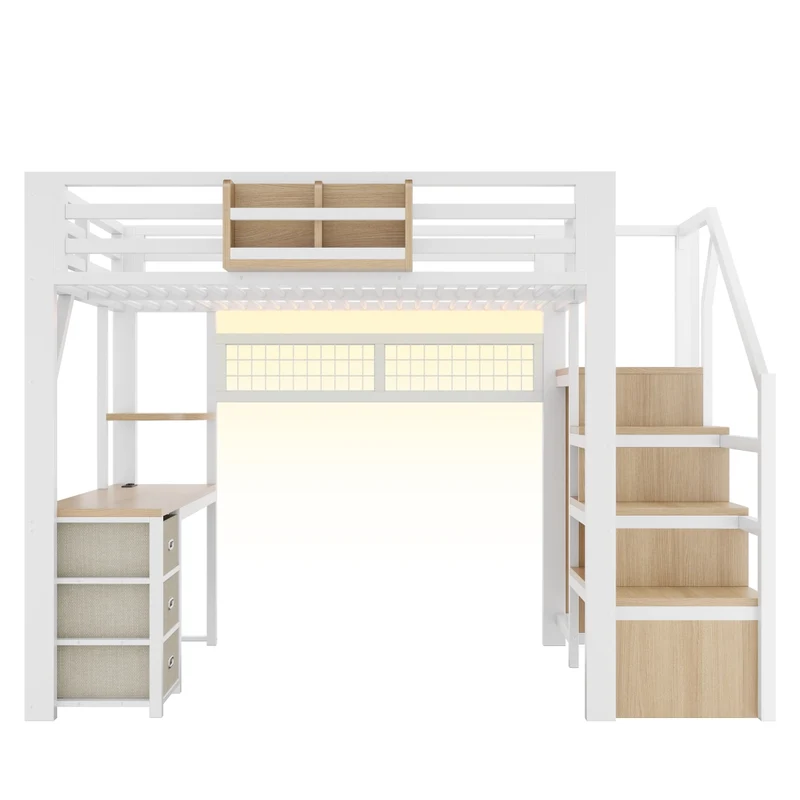 Letto a soppalco 140x200 cm in metallo bianco con scrivania; contenitori; armadio e luci LED