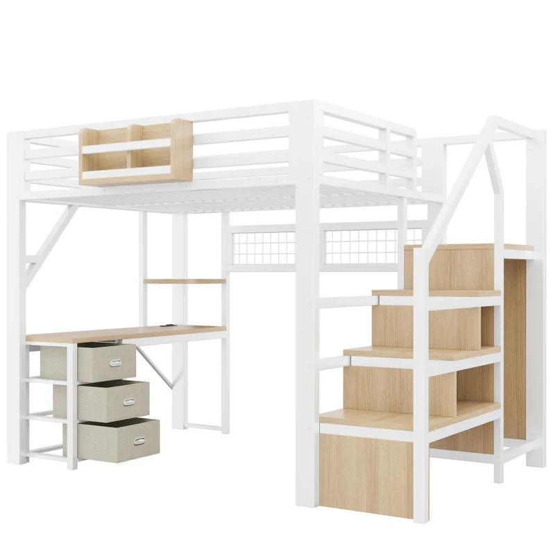Letto a soppalco 140x200 cm in metallo bianco con scrivania; contenitori; armadio e luci LED